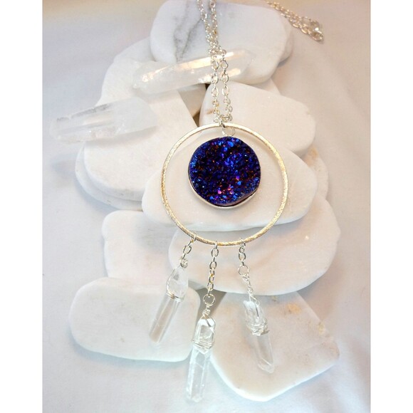Natural Rock Crystal Quartz Three Point Titanium Blue Quartz Silver Necklace - Picture 2 of 6